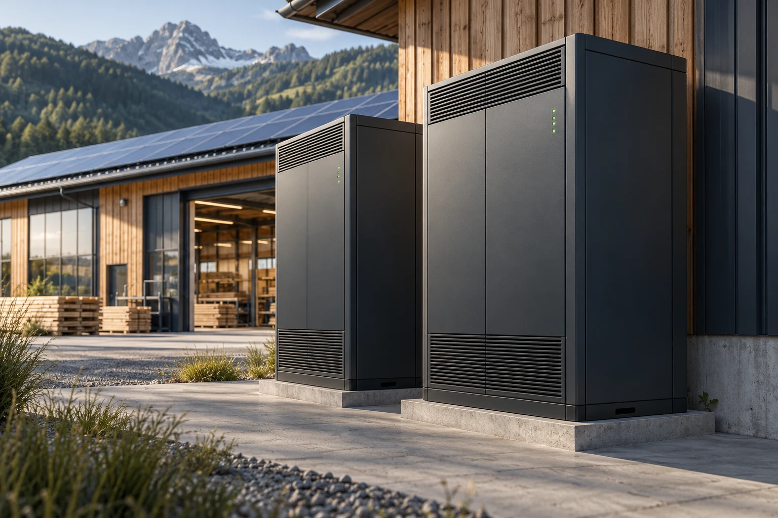 Konzeptbild großer Batterieschränke vor einem Gewerbebetrieb