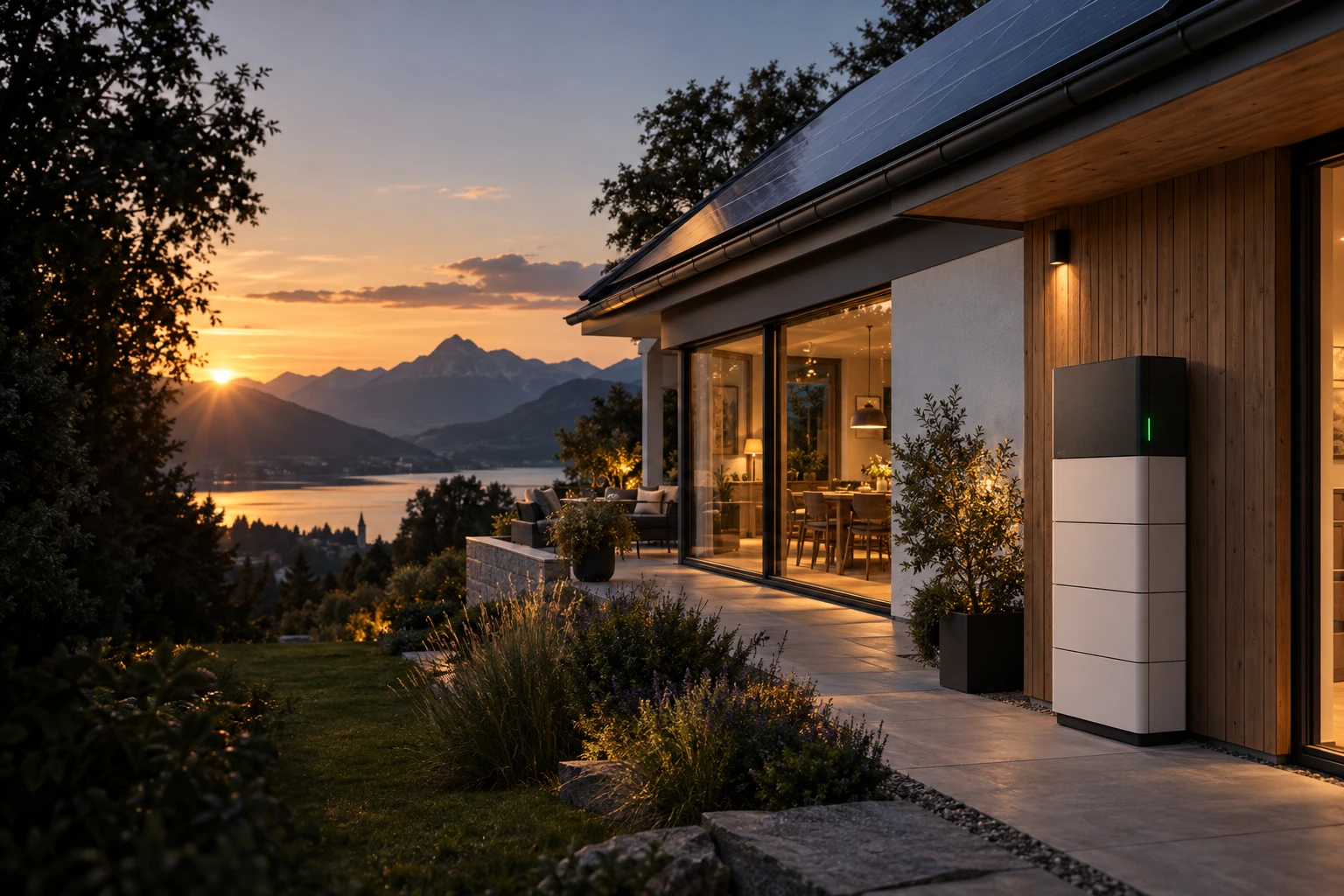 KI-Konzeptvisualisierung eines Hauses mit Photovoltaik und modularem Stromspeicher