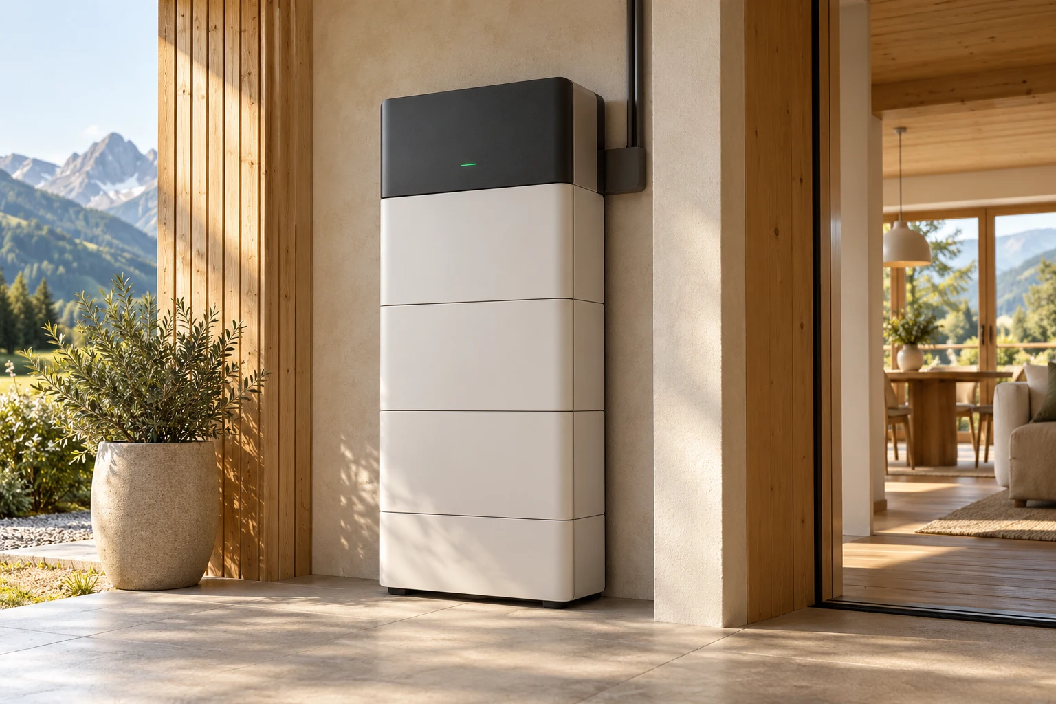 Konzeptbild eines modularen Heimspeichers in einer modernen Wohnumgebung